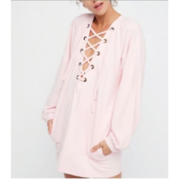 FREE PEOPLE Size S Wellington Lace Up Tunic Top Mini Dress Pockets Pink - Picture 3 of 8